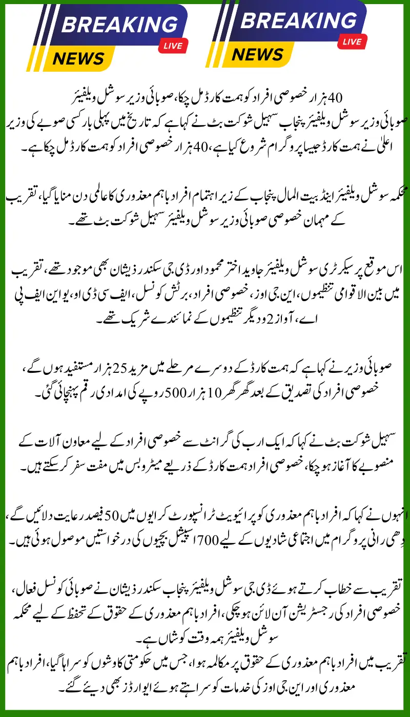 40000 Special People have Received Himmat cards, Provincial Minister for Social Welfare