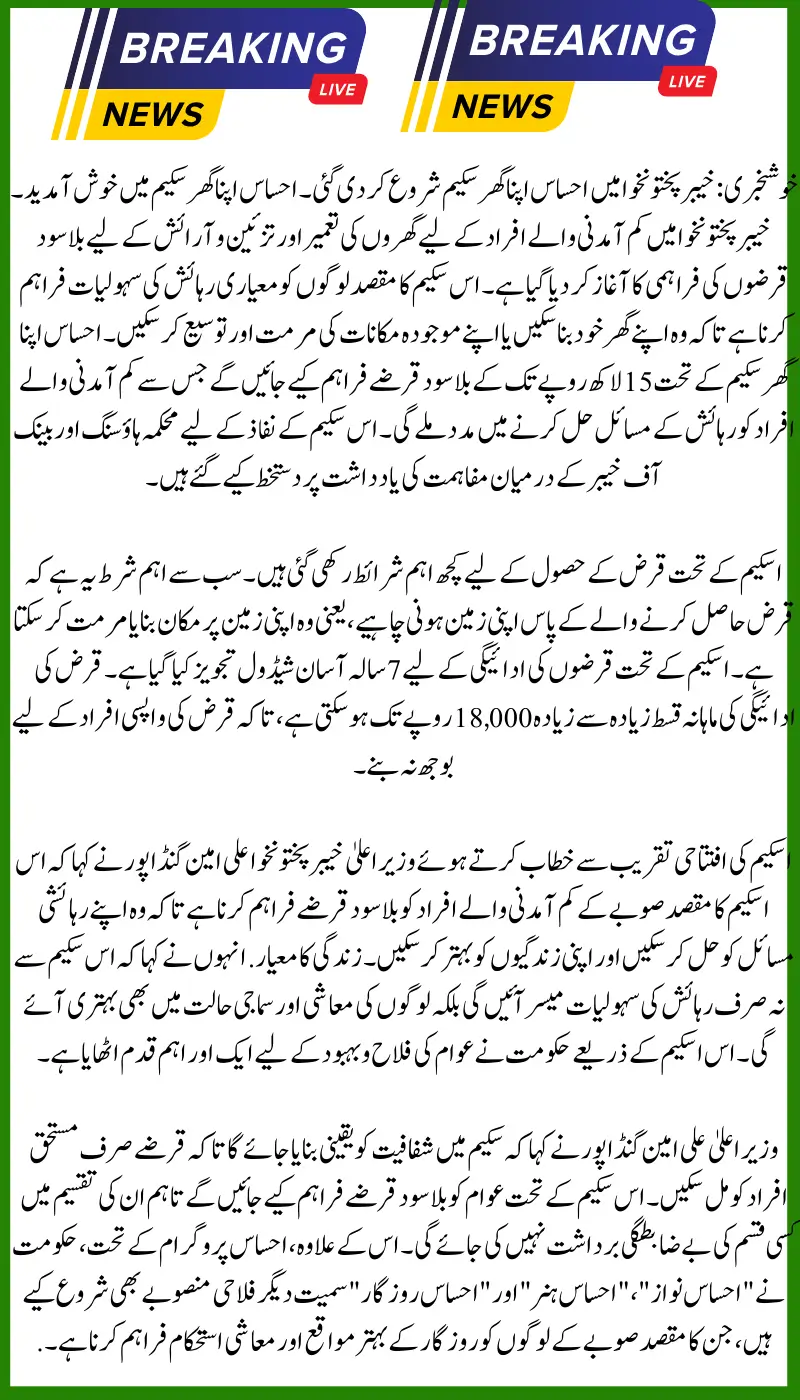 Ehsaas Apna Ghar Scheme: 15 lakh Interest-Free Loans for Housing in Khyber Pakhtunkhwa