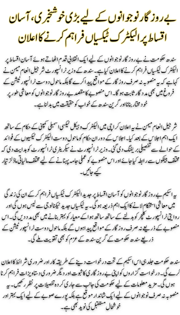 Sindh Govt Electric Taxi Scheme Easy Installment Electric Taxis for Unemployed Youth – Find Out How to Apply!