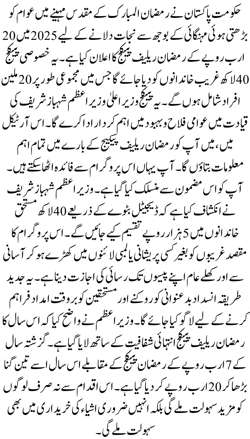 Fedral Govt Announces Largest Ramazan Relief Package Rs. 20 Billion for 4m Families